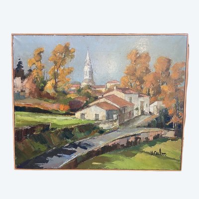 Oil on canvas representing the village of Bouillac in Gironde signed Y. Dubos