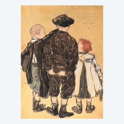 SCUOLA FRANCESE circa 1900, Tre bambini visti da dietro (progetto pubblicitario per un cioccolatino)