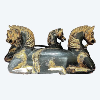Italy, mid-20th century, pair of ornamental horses in black and gold lacquer.