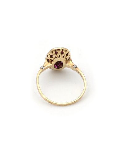Anello Art Déco con perla, rubino e diamante in oro 18k e platino, anello con rubino, diamante e perla coltivata