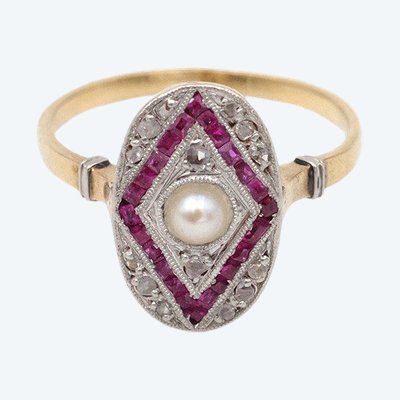 Anello Art Déco con perla, rubino e diamante in oro 18k e platino, anello con rubino, diamante e perla coltivata