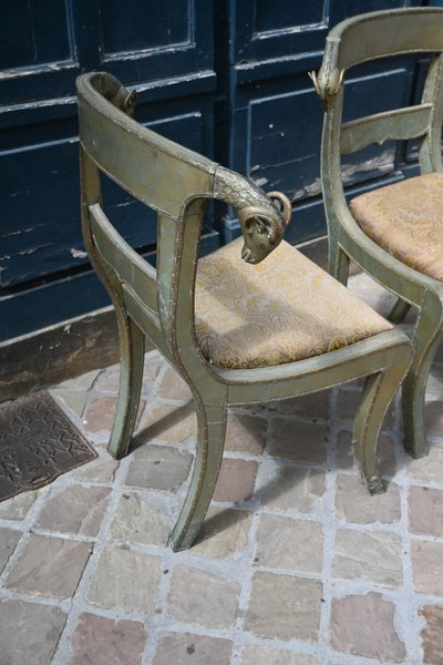 Pair of chairs decorated with ram's heads in plated metal, INDIA
