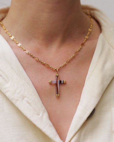 Ciondolo antico a croce in agata in oro 18k, croce religiosa nera e marrone, gioielli antichi, Napoleone