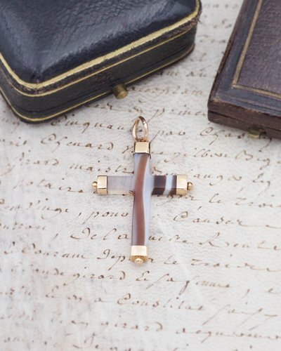 Ciondolo antico a croce in agata in oro 18k, croce religiosa nera e marrone, gioielli antichi, Napoleone