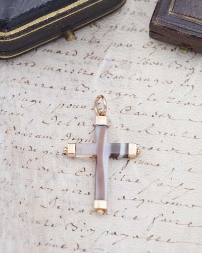 Ciondolo antico a croce in agata in oro 18k, croce religiosa nera e marrone, gioielli antichi, Napoleone