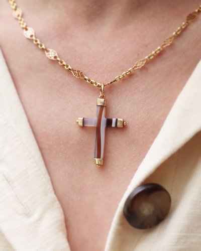 Ciondolo antico a croce in agata in oro 18k, croce religiosa nera e marrone, gioielli antichi, Napoleone