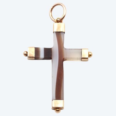 Ciondolo antico a croce in agata in oro 18k, croce religiosa nera e marrone, gioielli antichi, Napoleone