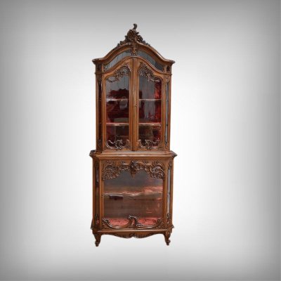 Vitrine Liégeoise deux-corps en Noyer, Style Rocaille, Belgique – Fin XIXe