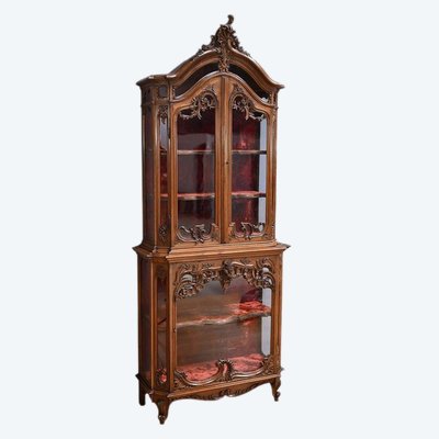 Vitrine Liégeoise deux-corps en Noyer, Style Rocaille, Belgique – Fin XIXe