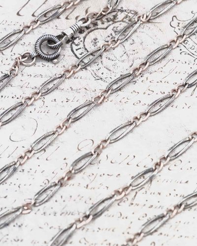 Long Victorian niello silver and vermeil chain with two clasps, watch chain, long chain
