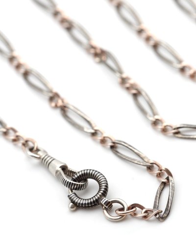Long Victorian niello silver and vermeil chain with two clasps, watch chain, long chain