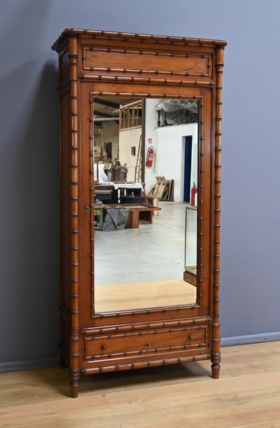 Bamboo-style Pitchpin Mirror Cabinet, Art Nouveau – Early 20th Century