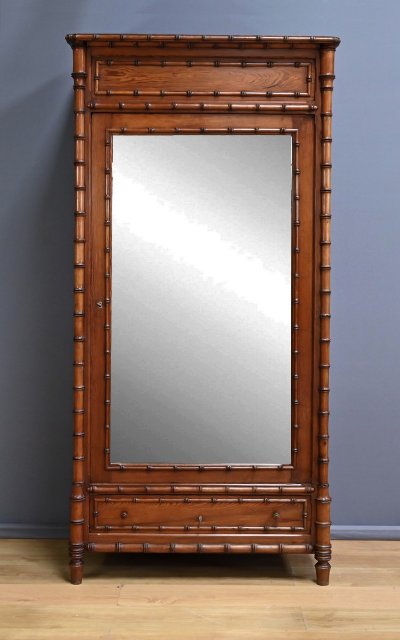Bamboo-style Pitchpin Mirror Cabinet, Art Nouveau – Early 20th Century
