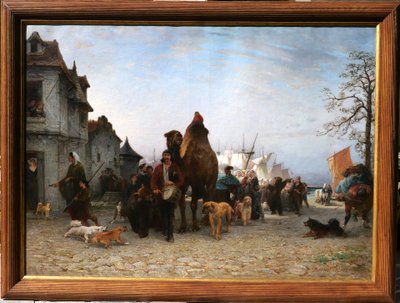 P.-A. Brunet-Houard 1827-1922 Zingari sbarcano con i loro animali in Bretagna, dipinto Salon 1873