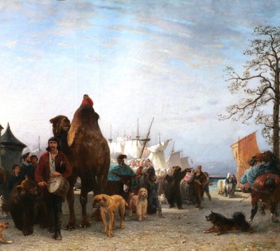 P.-A. Brunet-Houard 1827-1922 Zingari sbarcano con i loro animali in Bretagna, dipinto Salon 1873