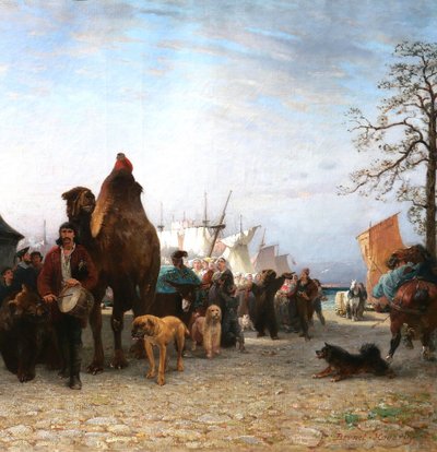 P.-A. Brunet-Houard 1827-1922 Zingari sbarcano con i loro animali in Bretagna, dipinto Salon 1873