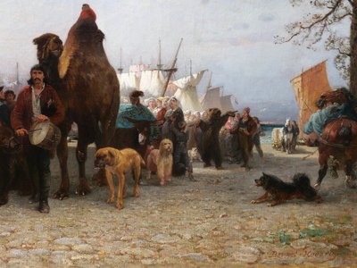 P.-A. Brunet-Houard 1827-1922 Zingari sbarcano con i loro animali in Bretagna, dipinto Salon 1873