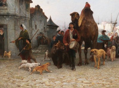 P.-A. Brunet-Houard 1827-1922 Zingari sbarcano con i loro animali in Bretagna, dipinto Salon 1873