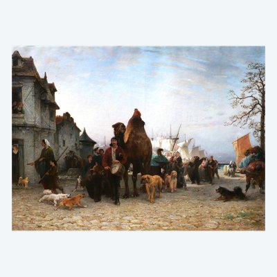 P.-A. Brunet-Houard 1827-1922 Zingari sbarcano con i loro animali in Bretagna, dipinto Salon 1873