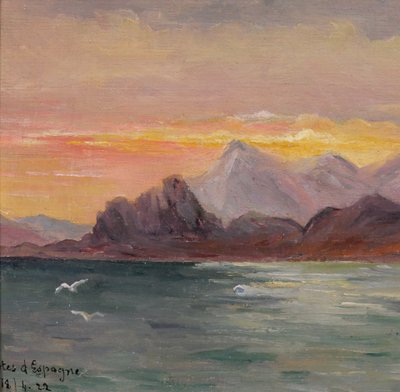 M. Savidan 19-20e Paysage des côtes d'Espagne, effet du soir, 1922 tableau mer marine paysage