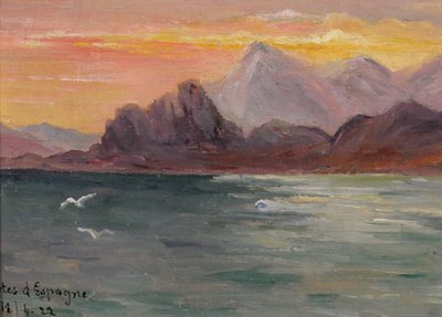 M. Savidan 19-20e Paysage des côtes d'Espagne, effet du soir, 1922 tableau mer marine paysage