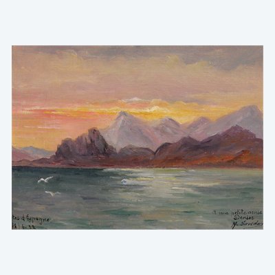 M. Savidan 19-20e Paysage des côtes d'Espagne, effet du soir, 1922 tableau mer marine paysage