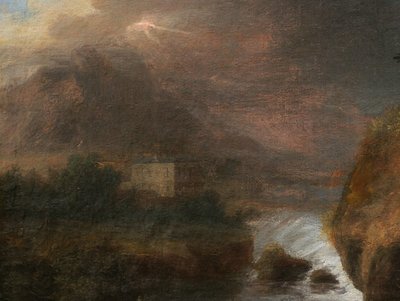 Scuola FRANCESE dei primi del XIX secolo, Paesaggio montano romantico con cascata