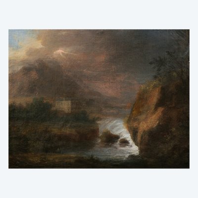 Scuola FRANCESE dei primi del XIX secolo, Paesaggio montano romantico con cascata