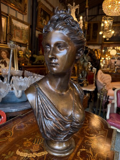 Grande busto in bronzo con patina marrone, XIX secolo, Diana cacciatrice