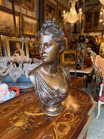 Grande busto in bronzo con patina marrone, XIX secolo, Diana cacciatrice