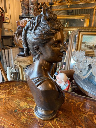 Grande busto in bronzo con patina marrone, XIX secolo, Diana cacciatrice