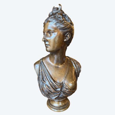 Grande busto in bronzo con patina marrone, XIX secolo, Diana cacciatrice
