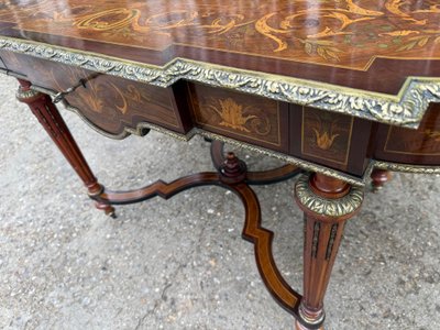 Louis XVI style pedestal table / center table, Napoleon III period in marquetry