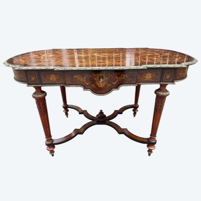 Louis XVI style pedestal table / center table, Napoleon III period in marquetry