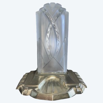 HUGUE Léon Auguste  (1878-1970)   Lampe Veilleuse Art Deco en bronze doré et verre signé