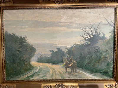 Oil on canvas depicting a tree-lined and lively path