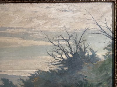 Oil on canvas depicting a tree-lined and lively path