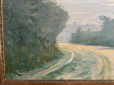 Oil on canvas depicting a tree-lined and lively path