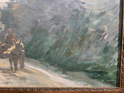 Oil on canvas depicting a tree-lined and lively path