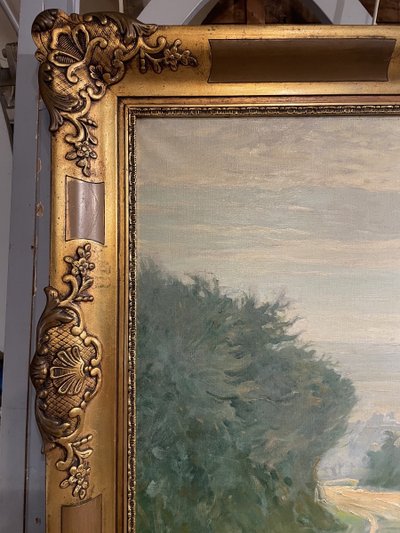 Oil on canvas depicting a tree-lined and lively path