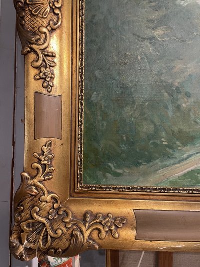 Oil on canvas depicting a tree-lined and lively path