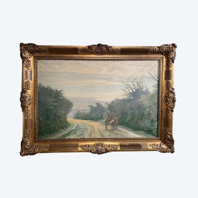 Oil on canvas depicting a tree-lined and lively path