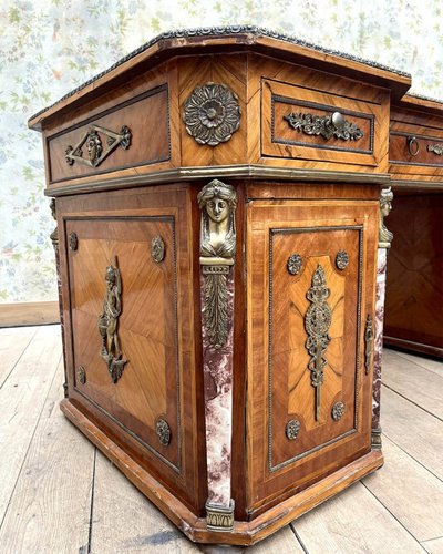 Scrivania d'epoca anni '30 – Legno pregiato, bronzo dorato e marmo