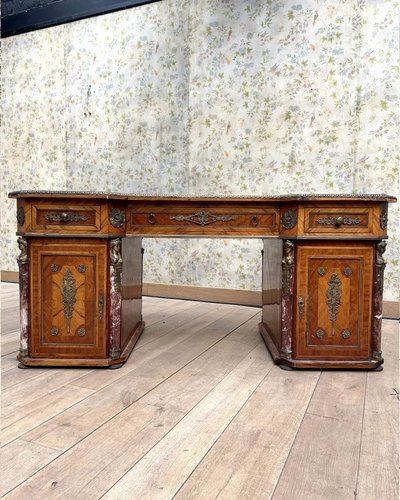 Scrivania d'epoca anni '30 – Legno pregiato, bronzo dorato e marmo