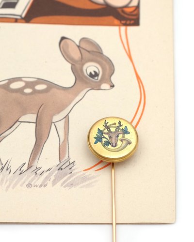 18 Karat Gold Emaille Jagd Krawattennadel, Jagdhorn, Hirsch, antiker Schmuck, Herrenschmuck