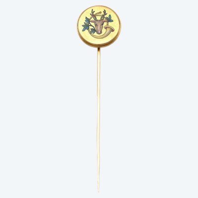 18 Karat Gold Emaille Jagd Krawattennadel, Jagdhorn, Hirsch, antiker Schmuck, Herrenschmuck