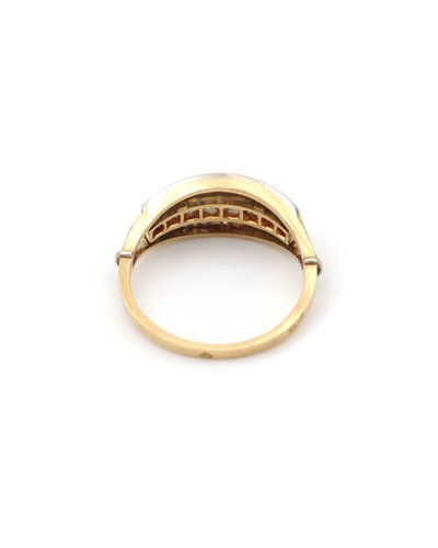 Anello di fidanzamento con giarrettiera Art Déco in oro 18 carati e platino con zaffiri e diamanti