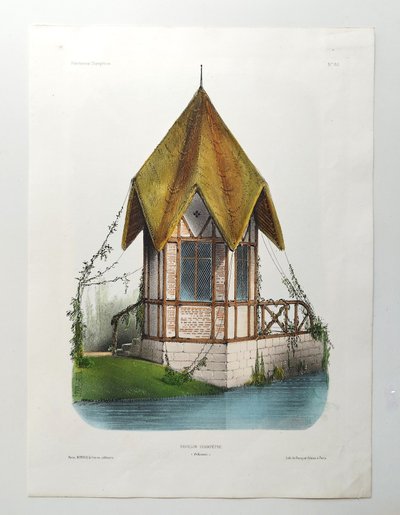 Architecture Countryside Pavilion Watercolored Lithograph By Victor Petit  19th C Old Print