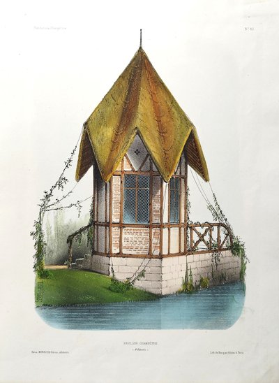 Architecture Countryside Pavilion Watercolored Lithograph By Victor Petit  19th C Old Print