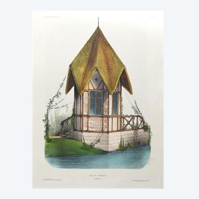 Architecture Countryside Pavilion Watercolored Lithograph By Victor Petit  19th C Old Print